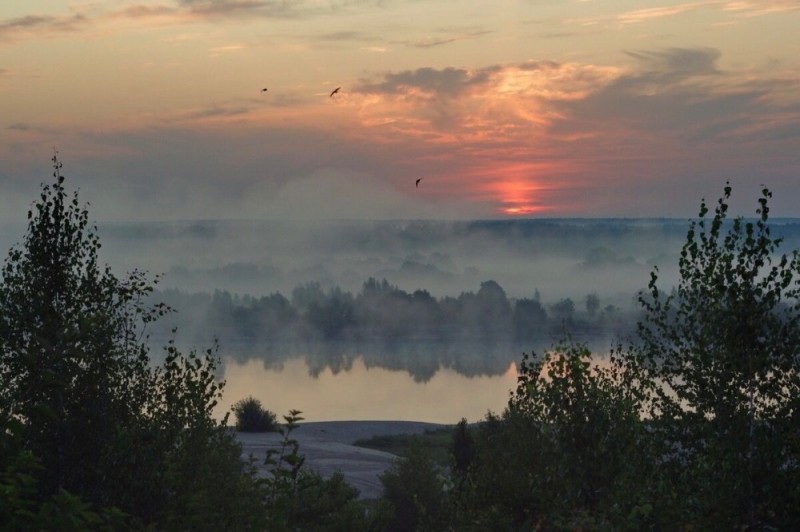 Create meme: morning on the lake, dawn , a river landscape 