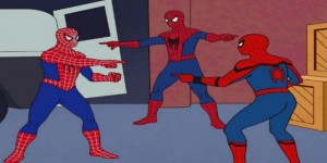 Создать мем: мемы человек паук, два человека паука, мем 2 человека паука