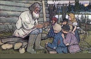 Создать мем: иллюстрация, старик рассказывает детям, лев николаевич толстой старый дед и внучек