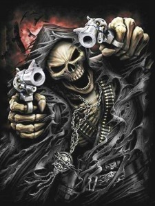 Создать мем: зелёный скелет с пистолетами, татуировки с черепами, скелет с пистолетом