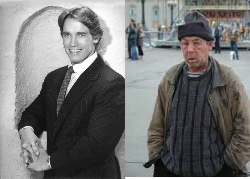 Create meme: Schwarzenegger in his youth, homeless Bob, Arnold Schwarzenegger in his youth and now