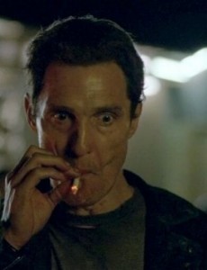 Create meme: a frame from the video, McConaughey smokes, McConaughey nervously smokes