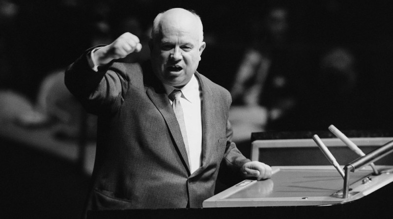 Create meme: Nikita Khrushchev 1960 UN, khrushchev 's boot, Khrushchev taps his shoe on the podium