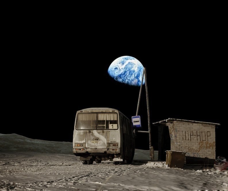Создать мем: темнота, автобус в космосе, маршрутка на луне
