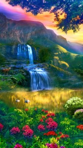 Создать мем: водопад с лебедями панорама, фэнтези природа, водопад цветы