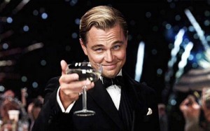 Create meme: the great Gatsby memes, Leonardo DiCaprio with a glass of, DiCaprio a glass to those