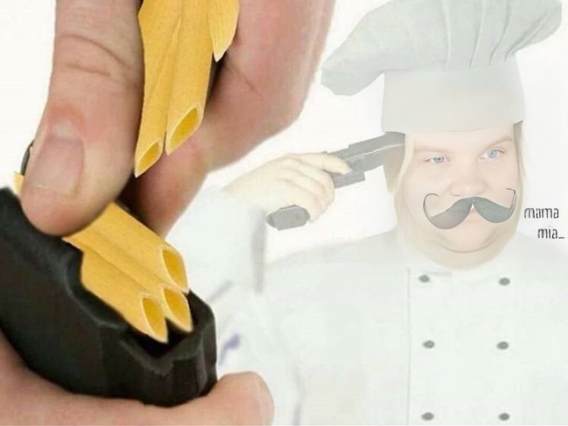 Create meme: loads pasta into a gun, An Italian man loads pasta into a pistol, mama mia meme cook