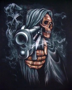 Create meme: skull of death, Chicano, skeleton with a gun