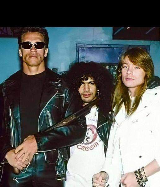 Create meme: Terminator 2: Judgment Day, guns n roses and arnold Schwarzenegger, axl rose 1990