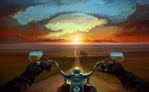 Create meme: motorcycle road, biker leaving in the sunset, motorcycle road sunset picture