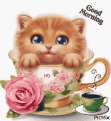 Создать мем: очаровательные котята, рыжий котенок в чашке, прикольные открытки с добрым утром