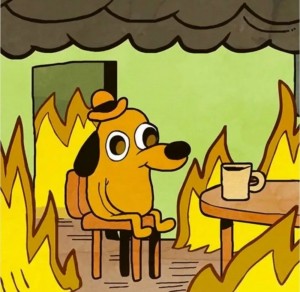Создать мем: собака сидит в горящем доме, собака в пожаре мем, собака в горящем доме