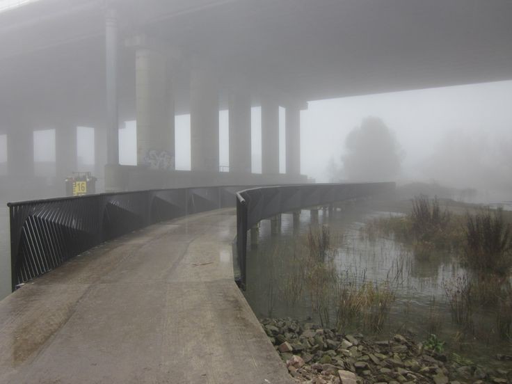 Create meme: eerie foggy london, bridge in the fog, road 