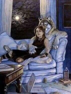 Create meme: good night wolf, The wolf hugs the girl, Golden Wolf werewolves