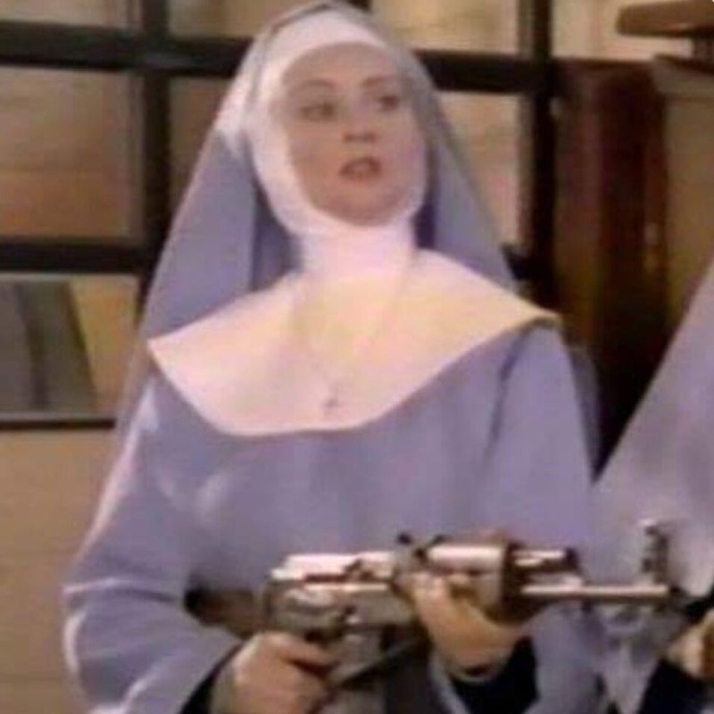 Create meme: A nun with a gun, funny nuns, Alba Baptista is a nun