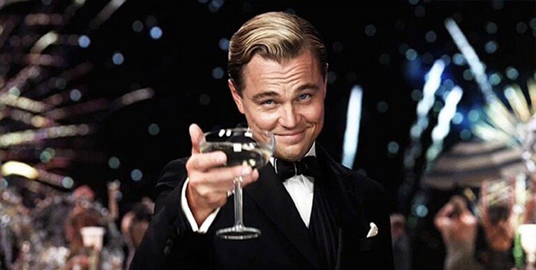 Create meme: DiCaprio with a glass of, DiCaprio Gatsby, Leonardo DiCaprio the great Gatsby