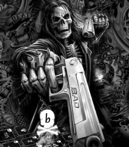 Create meme: skeleton with a gun