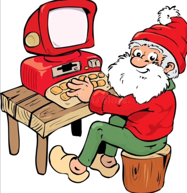 Create meme: Santa Claus and the computer, drawing of Santa with a computer, Santa's helpers