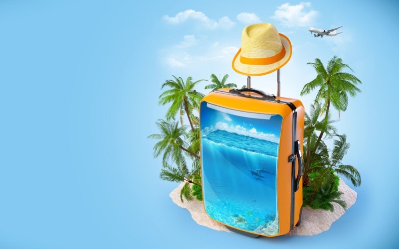 Create meme: tourism, background tourism, suitcase on the beach