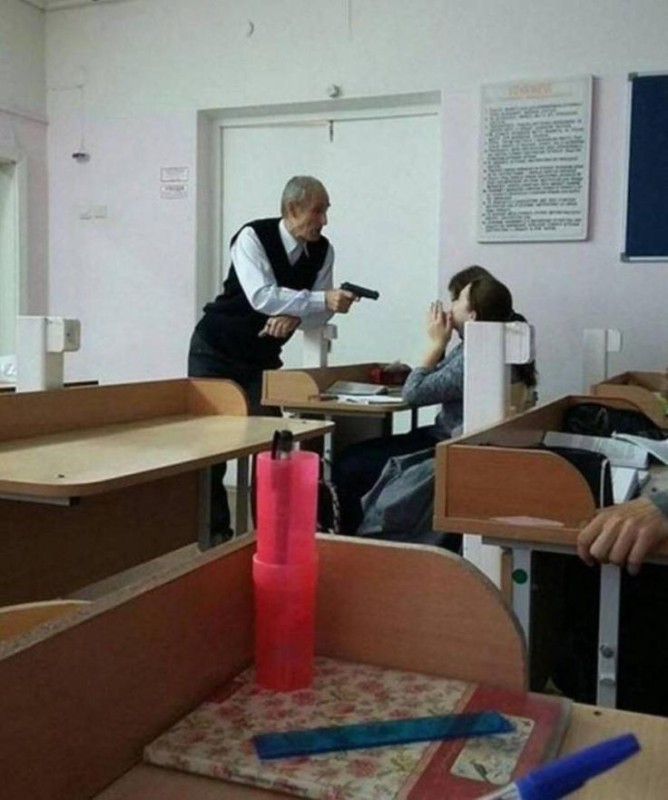 Create meme: funny schoolchildren, a teacher with a gun, in school 