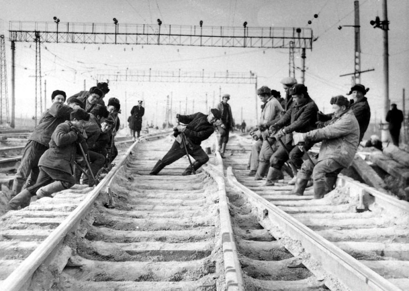 Create meme: The Victory railway of besieged Leningrad, the shpalokladchitsa of the USSR, Baikal-Amur mainline construction