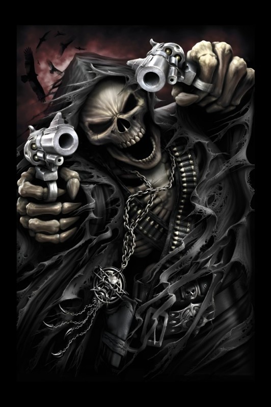 Создать мем: крутой скелет с пистолетом, череп с оружием, скелет с оружием