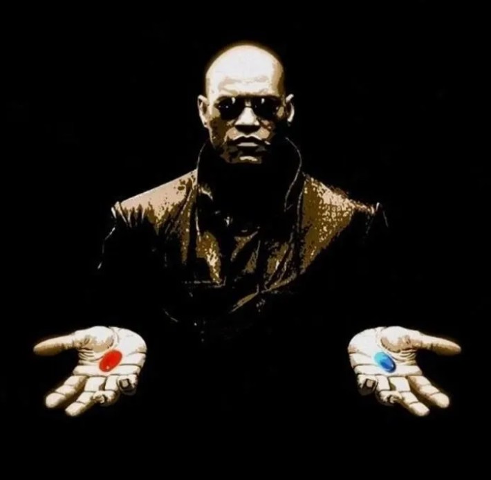 Create meme: neo and Morpheus pills, morpheus red and blue pill, Morpheus two pills