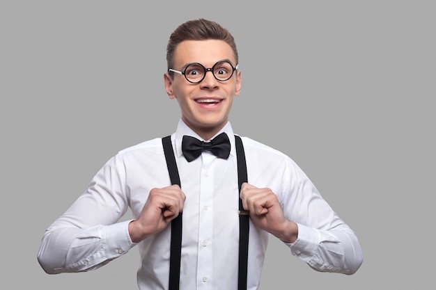 Create meme: Nerd in glasses and suspenders, nerd , male 