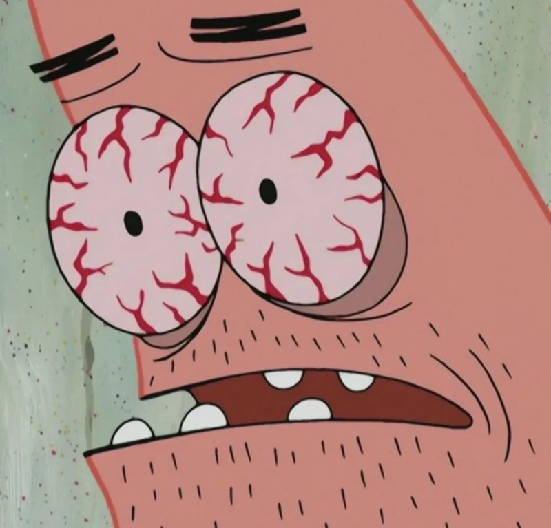 Create meme: Patrick's eyes, sleep is for the weak , Patrick with red eyes original