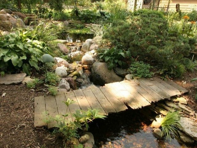 Create meme: the bridge in the garden, pond in the garden, decorative stream