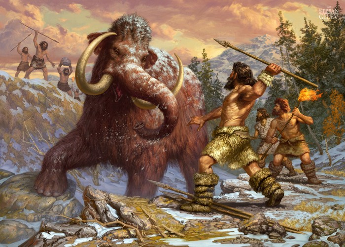 Создать мем: охота на мамонтов первобытных людей зима, древние охотники на мамонтов, мамонты