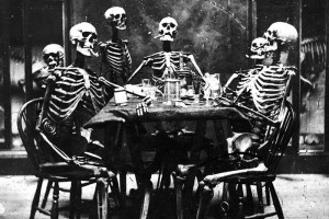 Create meme: six skeletons Smoking, the skeleton at the table drawing, skeleton