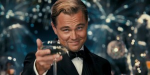 Create meme: DiCaprio with a glass, Leonardo DiCaprio the great Gatsby, DiCaprio raises a glass