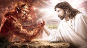 Создать мем: сатана и бог, иисус против дьявола, люцифер против бога