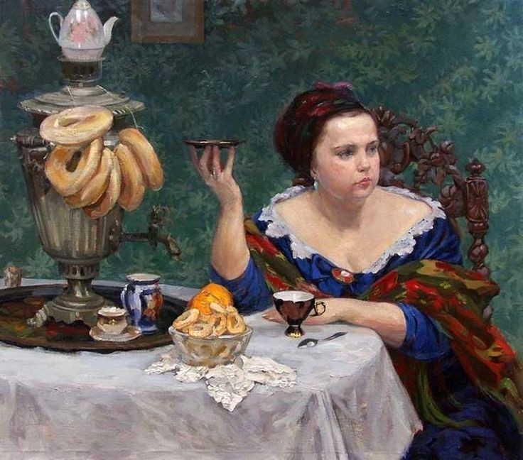 Create meme: Kustodiev merchant's wife drinking tea painting, kustodiev merchant 's wife drinking tea 1923, Anna Boganis tea party