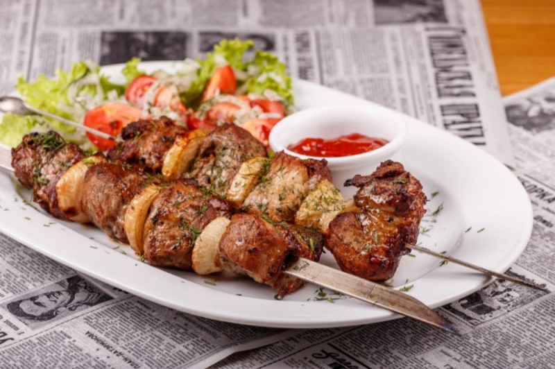 Create meme: kebab , grilled pork , kebabs on a plate