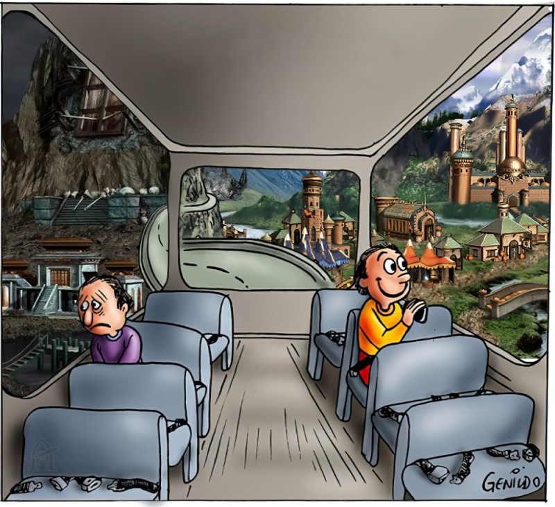 Create meme: cartoon passengers on the bus, meme bus, the meme bus is sad and cheerful