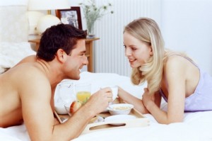 Create meme: breakfast in bed, young couple having lunch photos, Breakfast in bed in hotel couple