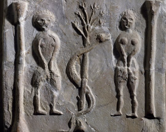 Create meme: "Adam and Eve." the relief of the doors. 1015. The cathedral in Hildesheim., Sumerian Adam and Eve, Roman Mesopotamia