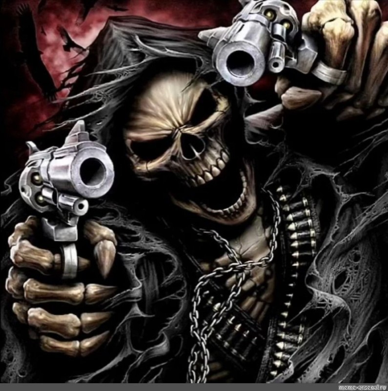 Create meme: skeleton with a gun, the skeleton is cool, cool skulls