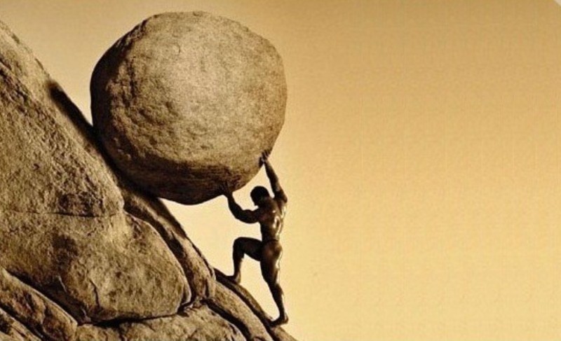Create meme: willpower, Sisyphus and the stone, pushing a rock uphill