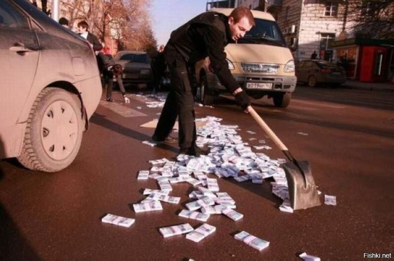 Create meme: rowing money with a shovel, Money on the road, money 