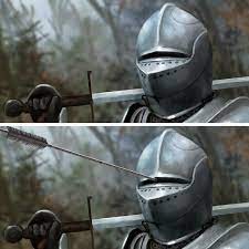 Create meme: meme with knight and arrow, meme knight, a knight with an arrow in the helmet