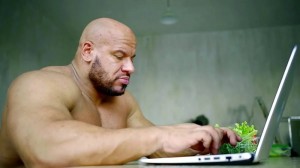 Create meme: bald Jock, Jock with a laptop, a wrestler with a laptop