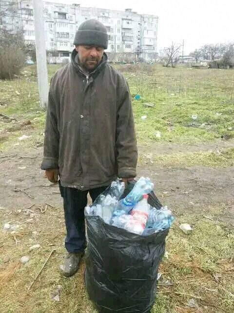 Create meme: a homeless man collects bottles, bum bum, a homeless man in the trash