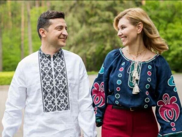 Create meme: Zelensky in an embroidered shirt, Zelensky and his wife in a kosovorotka, Elena Zelenskaya kiyashko