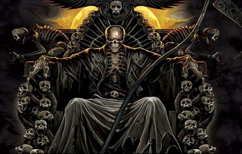 Create meme: A skeleton with a sword, The devil is on the throne, the skeleton on the throne