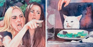 Create meme: the meme with the cat at the table and girls, the meme with the cat and the woman, the meme with the cat at the table