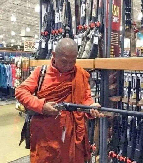 Create meme: a Buddhist monk, Buddhists with guns, funny humor 