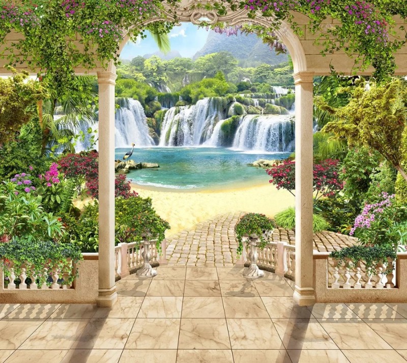 Create meme: Affresco waterfall fresco, waterfall mural, Affresco waterfall mural